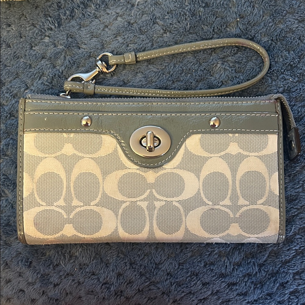 Coach Gray Signature Canvas Wristlet with Leather Trim